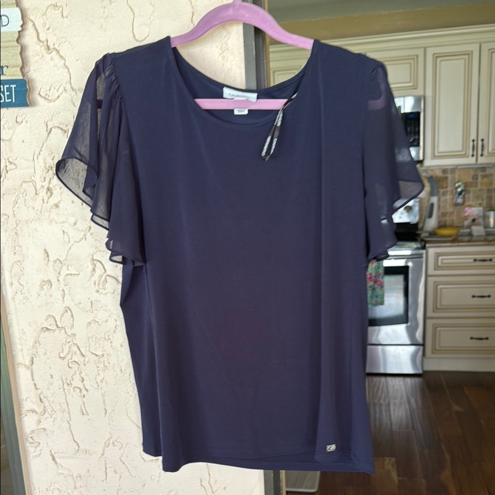 Calvin Klein Blue Ruffled Flutter Sleeve Blouse
